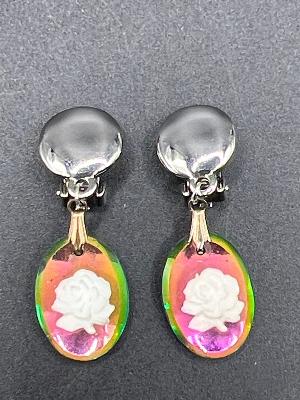 Vintage Pink & Green Iridescent Rose Cameo Clip-On Earrings